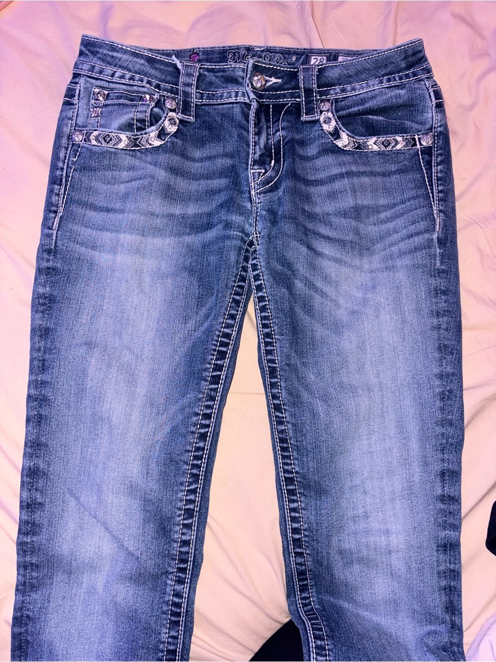 Miss Me Straight Leg Embroidered Pocket Mid Blue Jeans